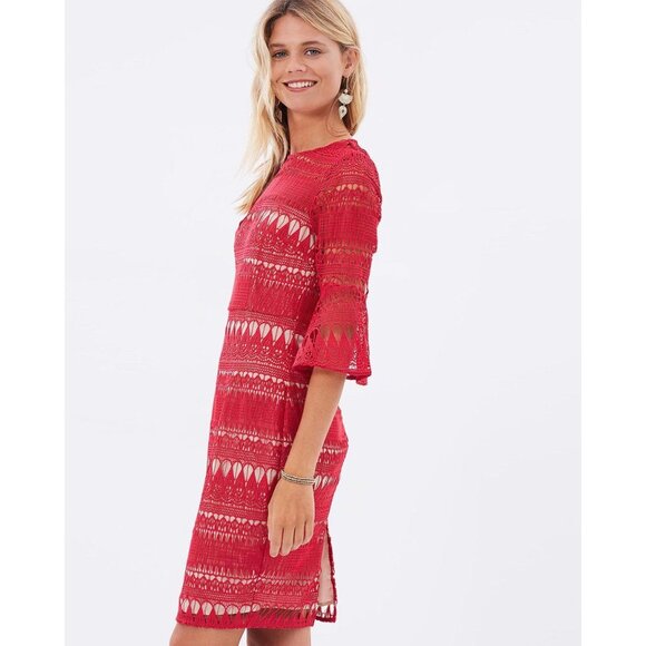 🆕COOPER ST Decadent Crochet Lace Bell Sleeve Shift Dress Red 2 - Picture 2 of 16